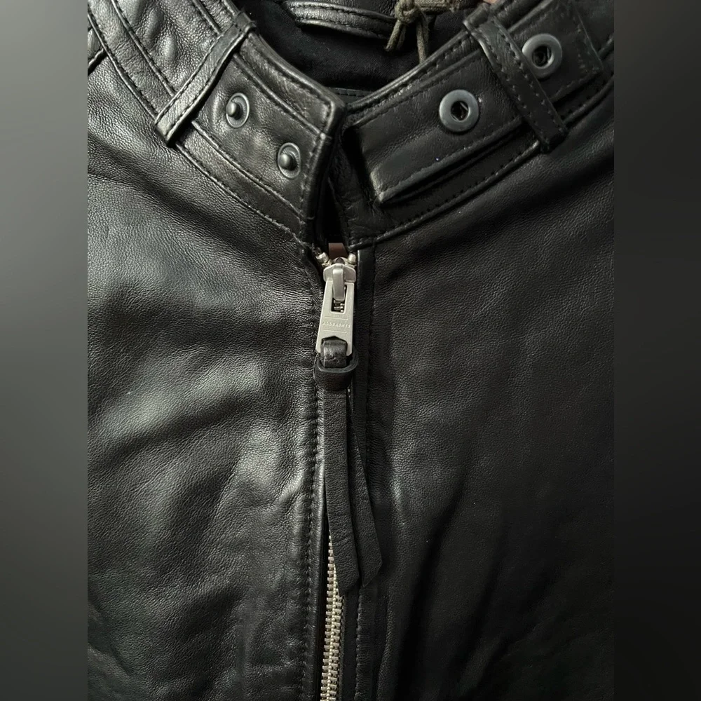 AllSaints Cora Leather Snap Back Collar Jacket Men’s Size Large in Jet Black - Picture 3 of 9
